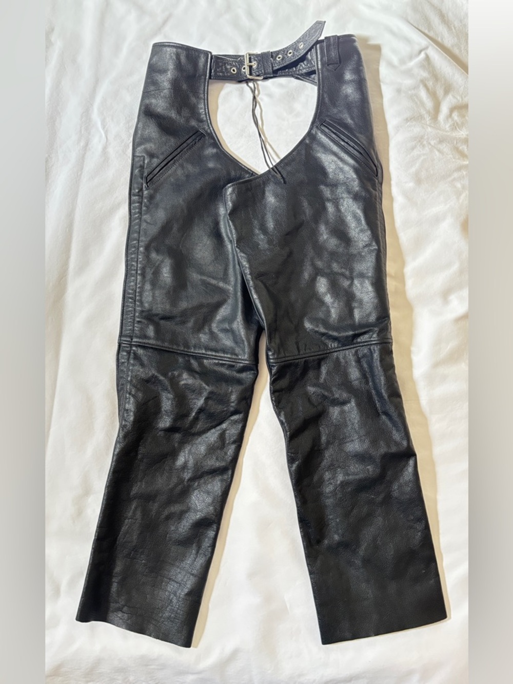 FMC Leather Motorcycle Chaps Black Biker Riding Pants Zip Lace Adjustable